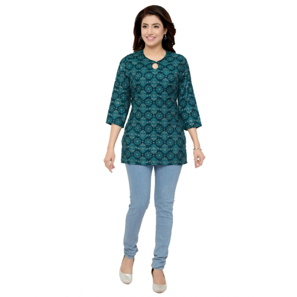 Generic Women's Casual 3/4 Sleeves Printed Rayon Short Top (Green)