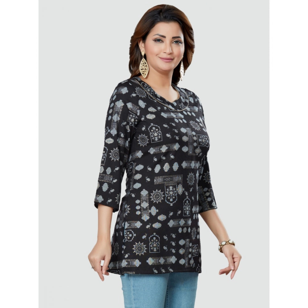 Generic Women's Casual 3/4 Sleeves Printed Rayon Short Top (Black)