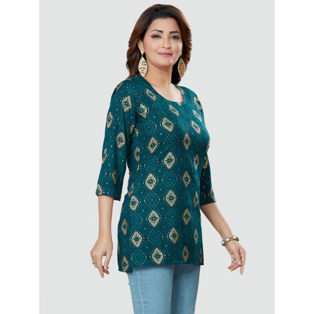 Generic Women's Casual 3/4 Sleeves Printed Rayon Short Top (Green)