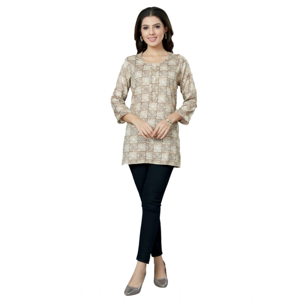 Generic Women's Casual 3/4 Sleeves Printed Rayon Short Top (Beige)