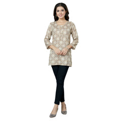 Generic Women's Casual 3/4 Sleeves Printed Rayon Short Top (Beige)