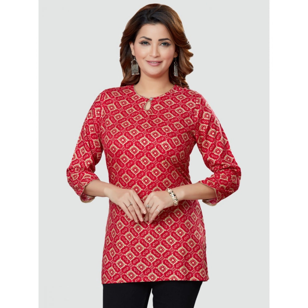 Generic Women's Casual 3/4 Sleeves Printed Rayon Short Top (Red)