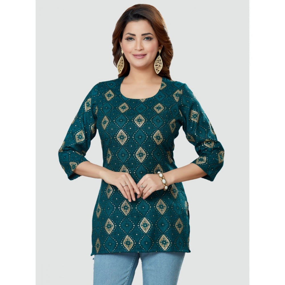 Generic Women's Casual 3/4 Sleeves Printed Rayon Short Top (Green)