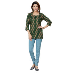 Generic Women's Casual 3/4 Sleeves Printed Rayon Short Top (Green)