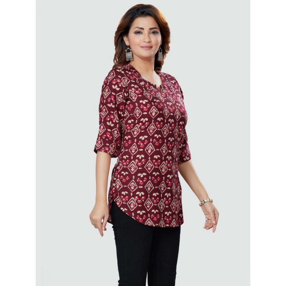 Generic Women's Casual 3/4 Sleeves Printed Rayon Short Top (Wine)