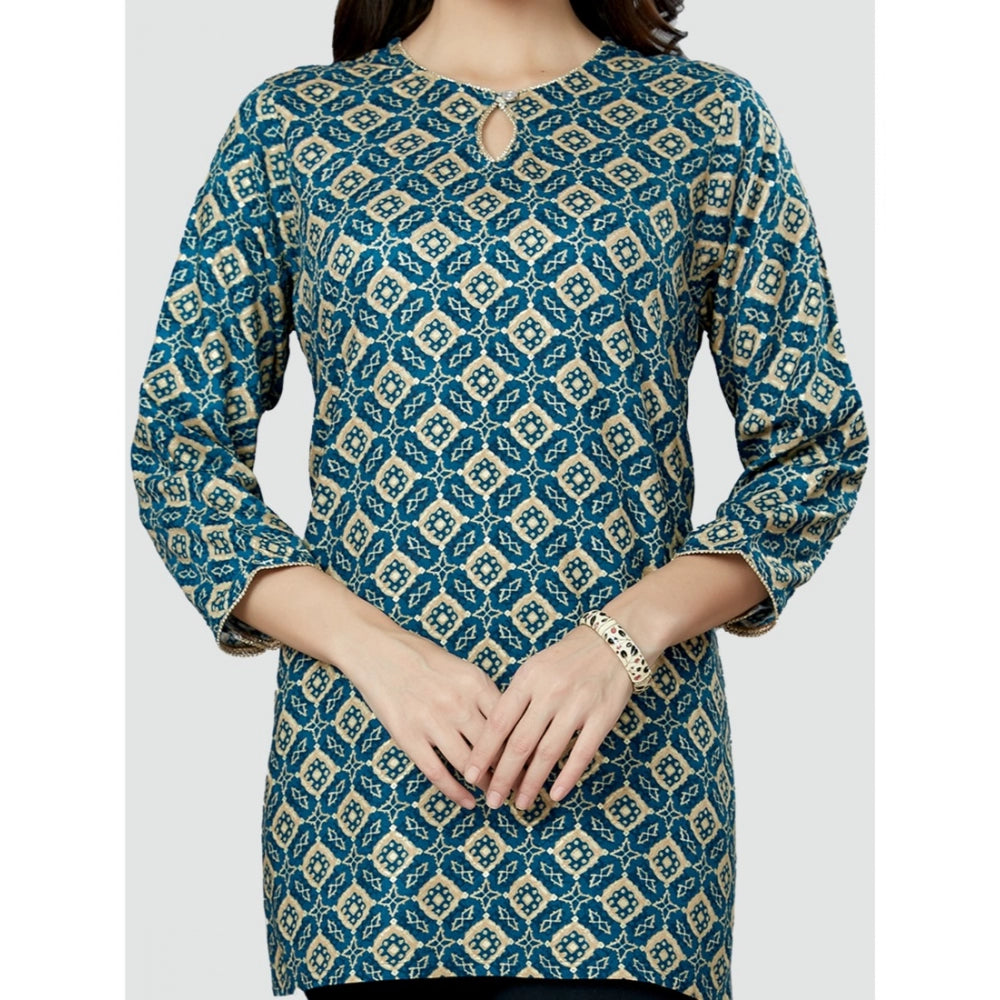 Generic Women's Casual 3/4 Sleeves Printed Rayon Short Top (Blue)