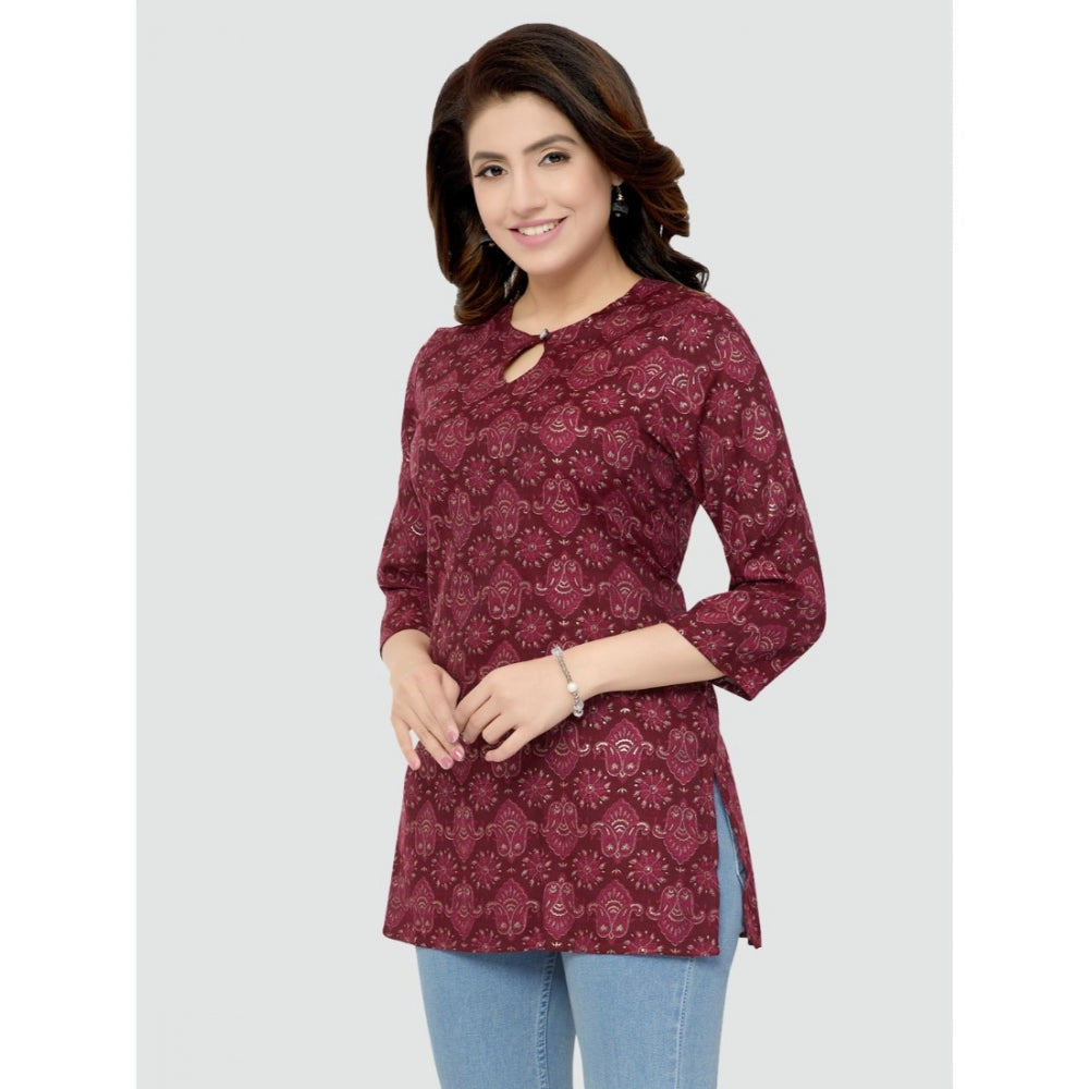 Generic Women's Casual 3/4 Sleeves Printed Rayon Short Top (Maroon)