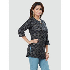 Generic Women's Casual 3/4 Sleeves Printed Rayon Short Top (Black)