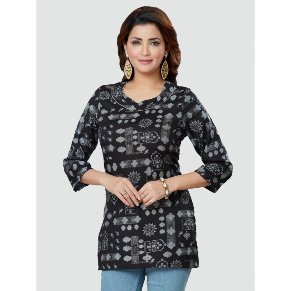 Generic Women's Casual 3/4 Sleeves Printed Rayon Short Top (Black)