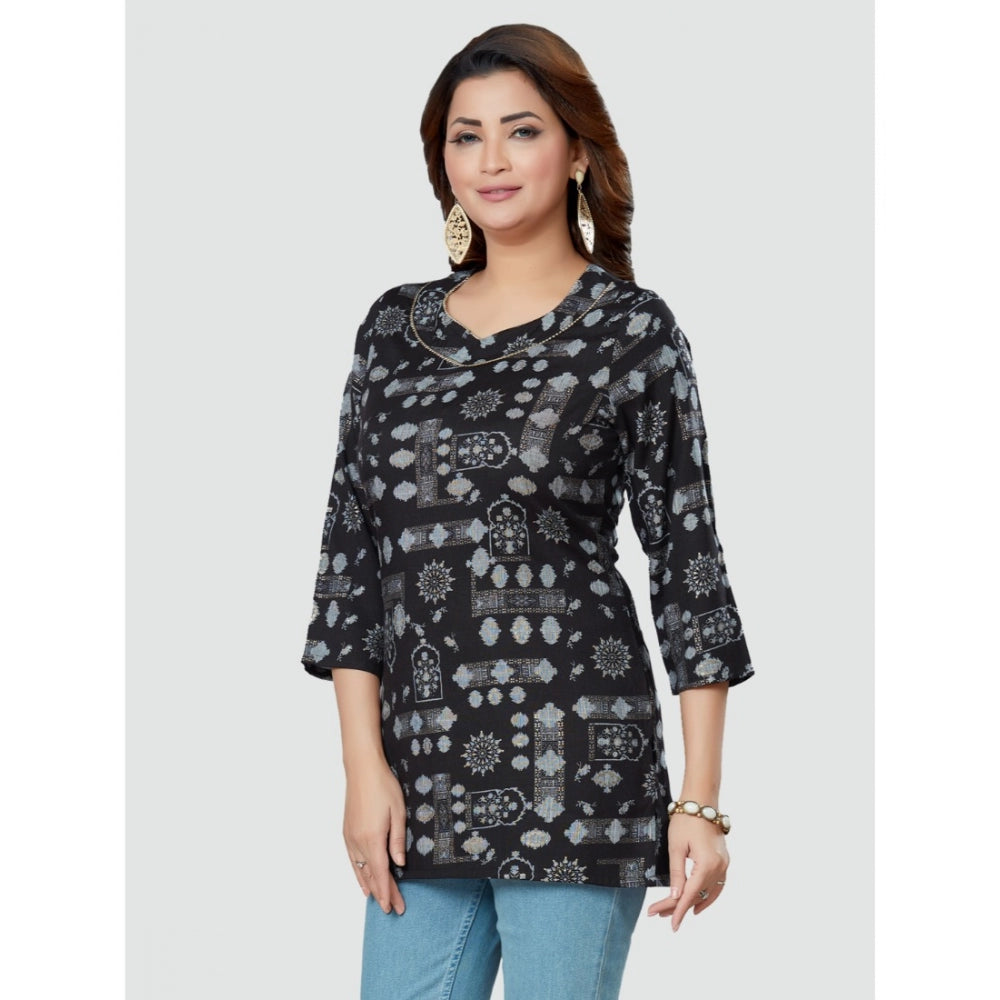 Generic Women's Casual 3/4 Sleeves Printed Rayon Short Top (Black)