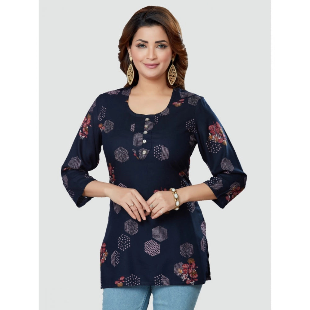 Generic Women's Casual 3/4 Sleeves Printed Rayon Short Top (Navy Blue)