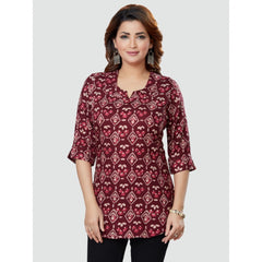 Generic Women's Casual 3/4 Sleeves Printed Rayon Short Top (Wine)