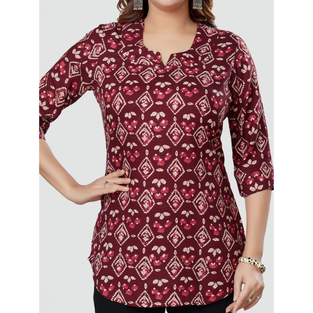 Generic Women's Casual 3/4 Sleeves Printed Rayon Short Top (Wine)