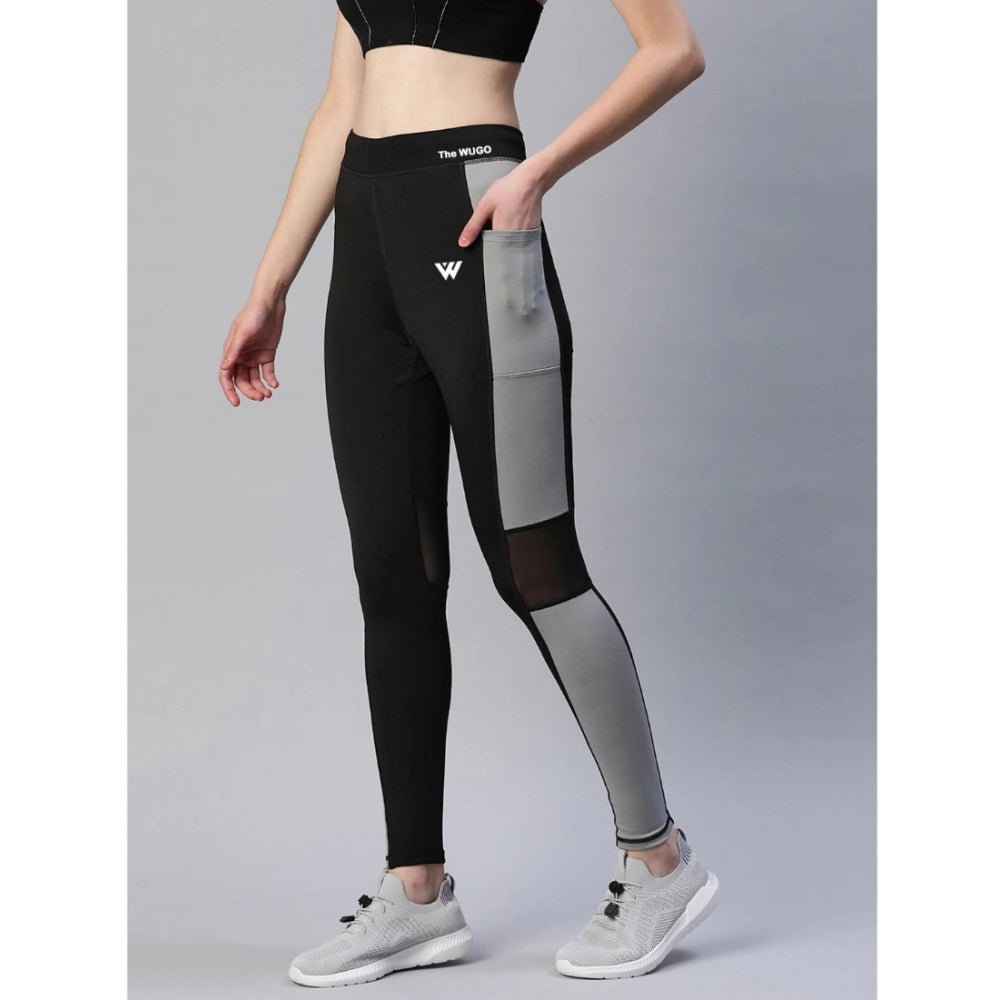 Generic Women's Polyster Soild Sport Leggings (Black &amp; Grey)