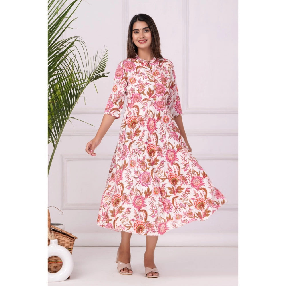 Generisches Anarkali-Kleid aus bedruckter Viskose mit 3/4-Ärmeln für Damen (Rosa)