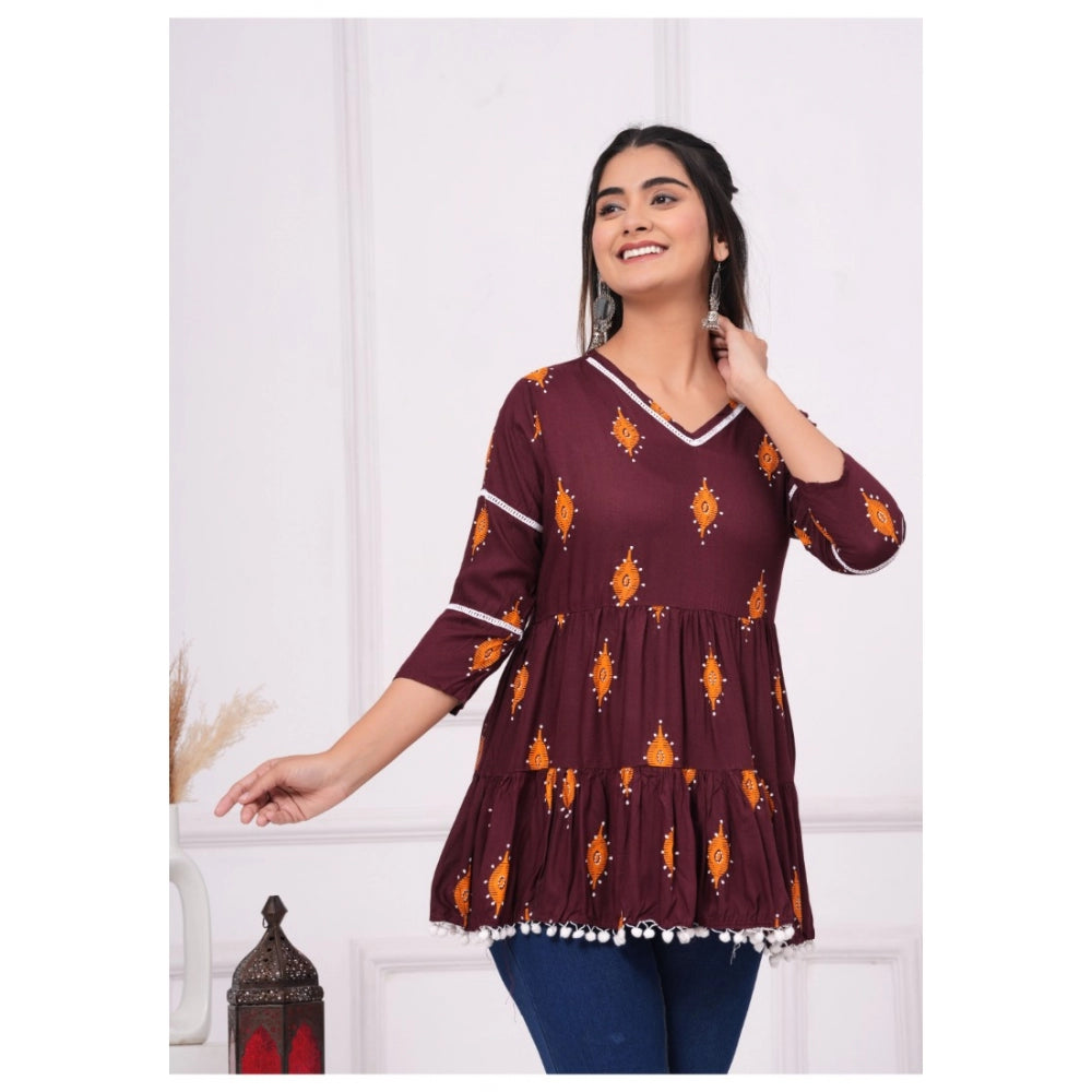 Generic Women's Casual 3/4 Sleeve Printed Rayon Top (Brown)