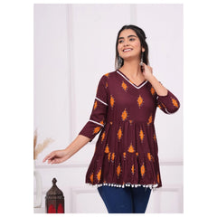 Generic Women's Casual 3/4 Sleeve Printed Rayon Top (Brown)