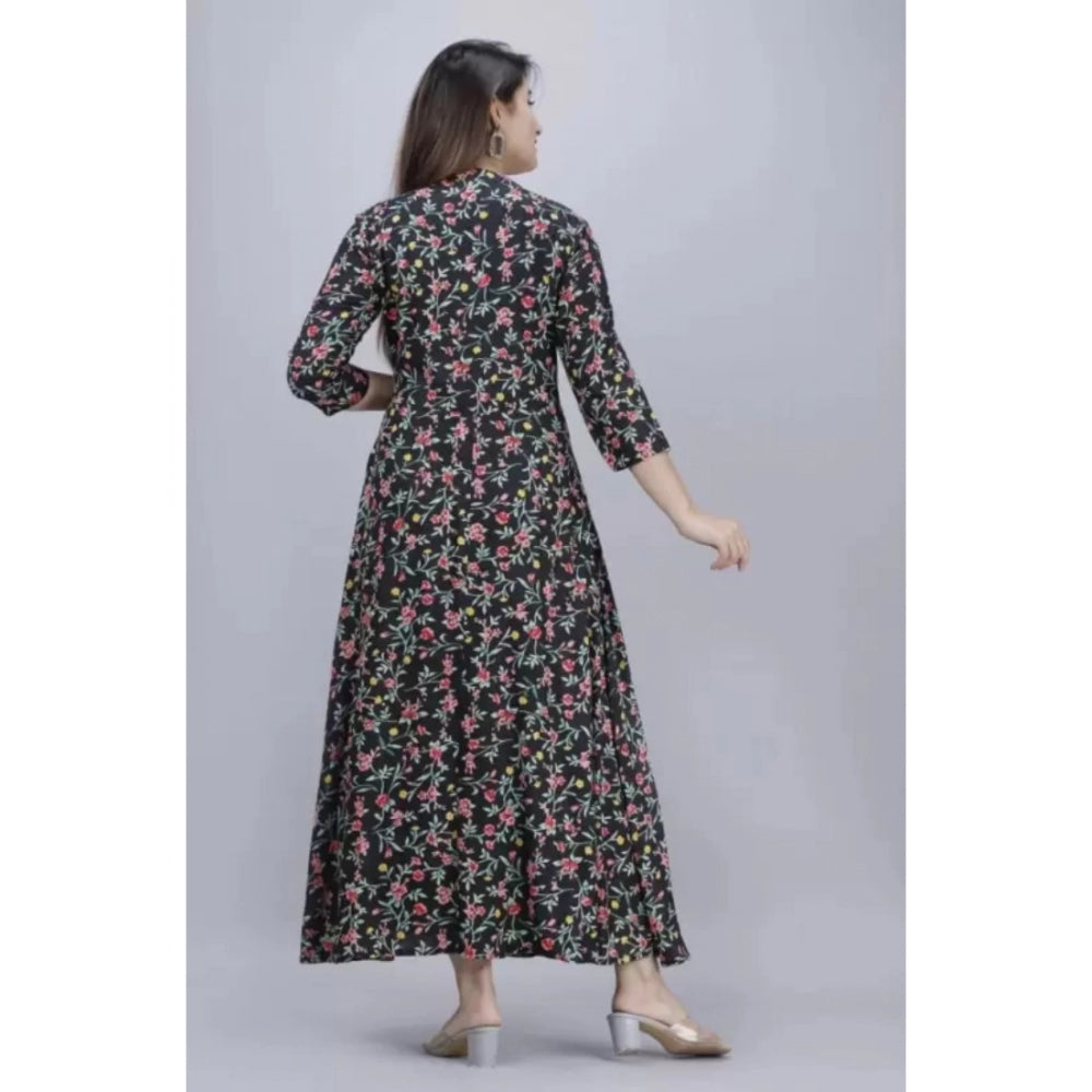 Generisches Anarkali-Kleid aus bedruckter Viskose mit 3/4-Ärmeln für Damen (Schwarz)