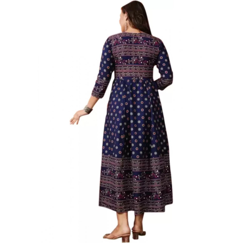 Generisches Anarkali-Kleid aus bedruckter Viskose mit 3/4-Ärmeln für Damen (blau)