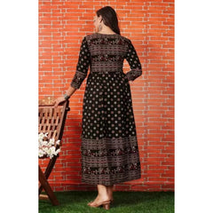 Generic Women's Casual 3/4 Sleeve Printed Rayon Anarkali Gown (Black)