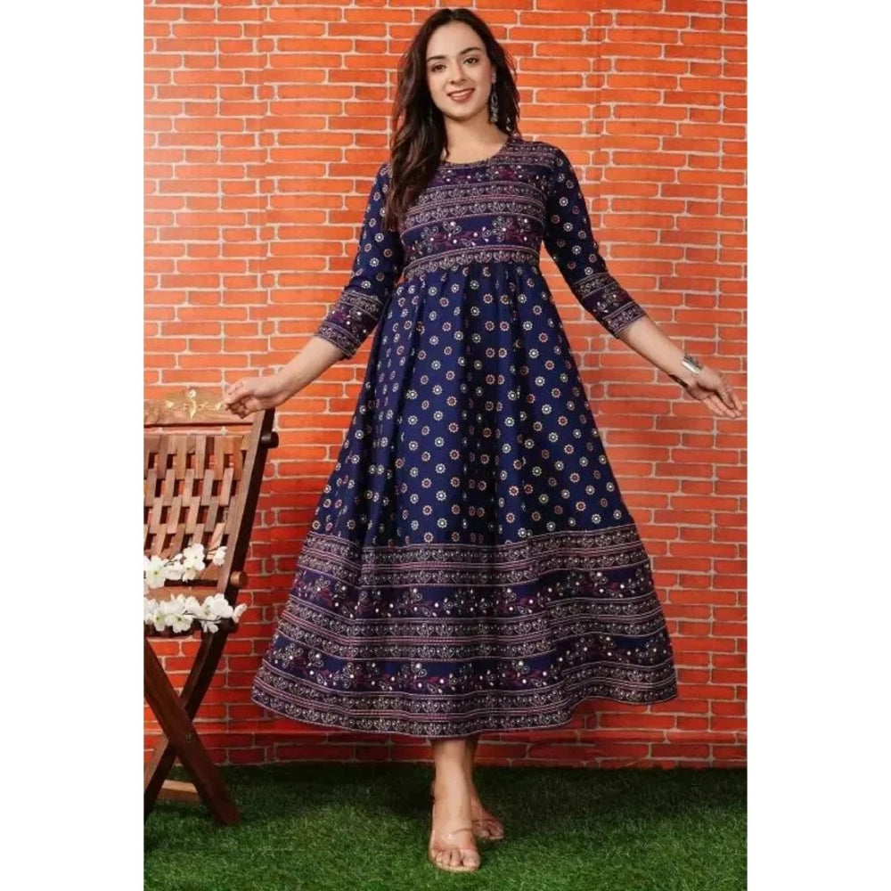 Generisches Anarkali-Kleid aus bedruckter Viskose mit 3/4-Ärmeln für Damen (blau)