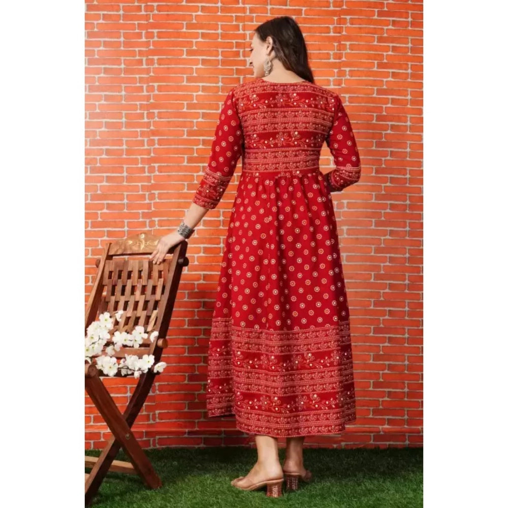 Generisches Anarkali-Kleid aus bedruckter Viskose mit 3/4-Ärmeln für Damen (Rot)