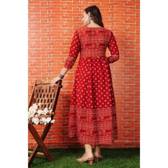 Generisches Anarkali-Kleid aus bedruckter Viskose mit 3/4-Ärmeln für Damen (Rot)