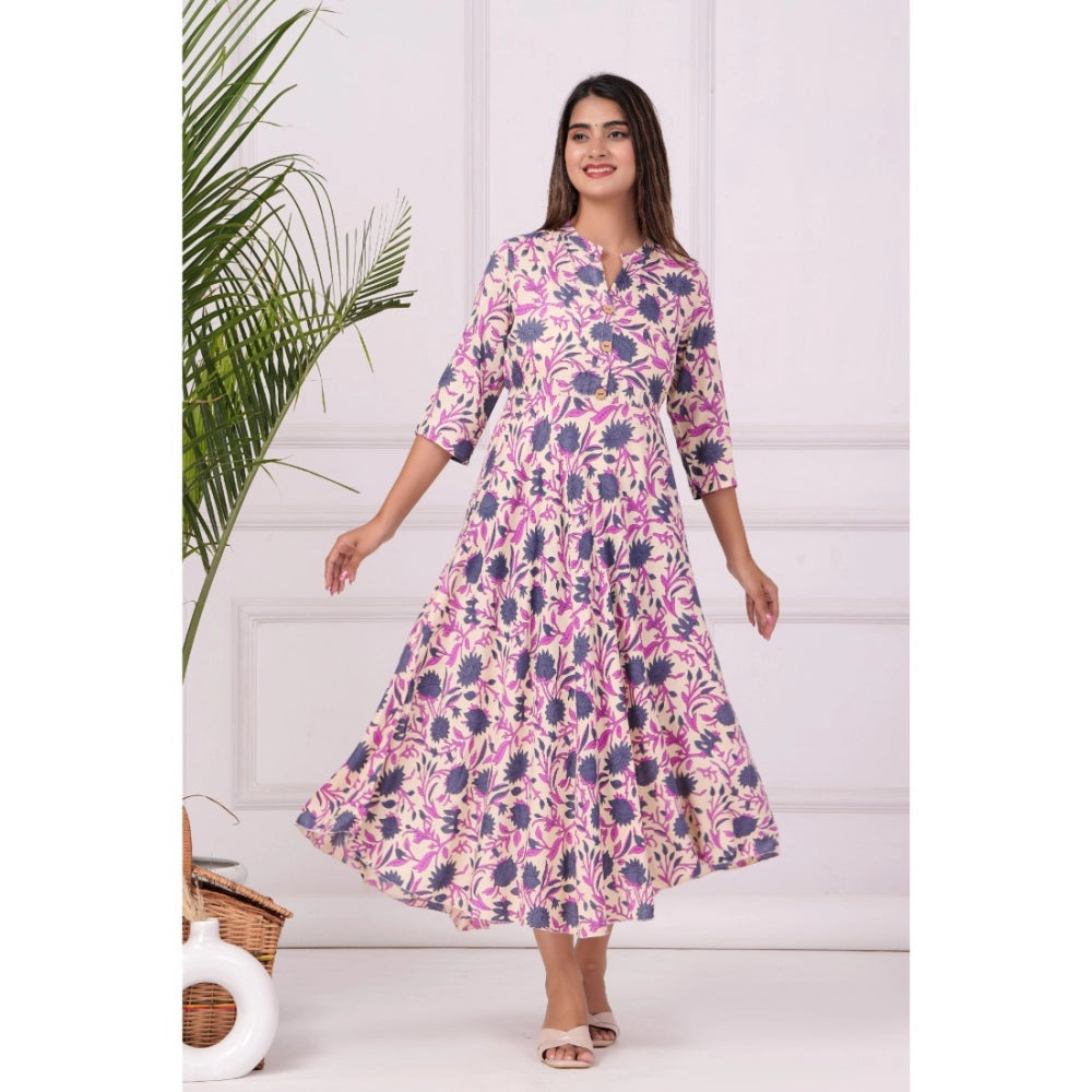 Generisches Anarkali-Kleid aus bedruckter Viskose mit 3/4-Ärmeln für Damen (Lila)