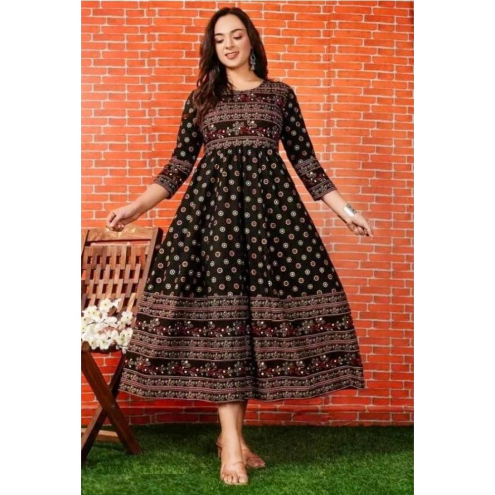 Generic Women's Casual 3/4 Sleeve Printed Rayon Anarkali Gown (Black)