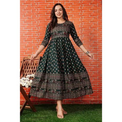 Generisches Anarkali-Kleid aus bedruckter Viskose mit 3/4-Ärmeln für Damen (Grün)