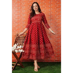 Generisches Anarkali-Kleid aus bedruckter Viskose mit 3/4-Ärmeln für Damen (Rot)