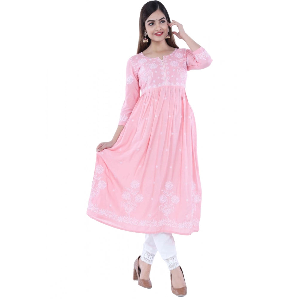 Generic Women's Casual 3/4 Sleeve Embroidered Rayon Kurti Set (Pink)