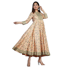 Generic Women's Casual 3/4 Sleeve Printed Rayon Anarkali Gown (Peach)