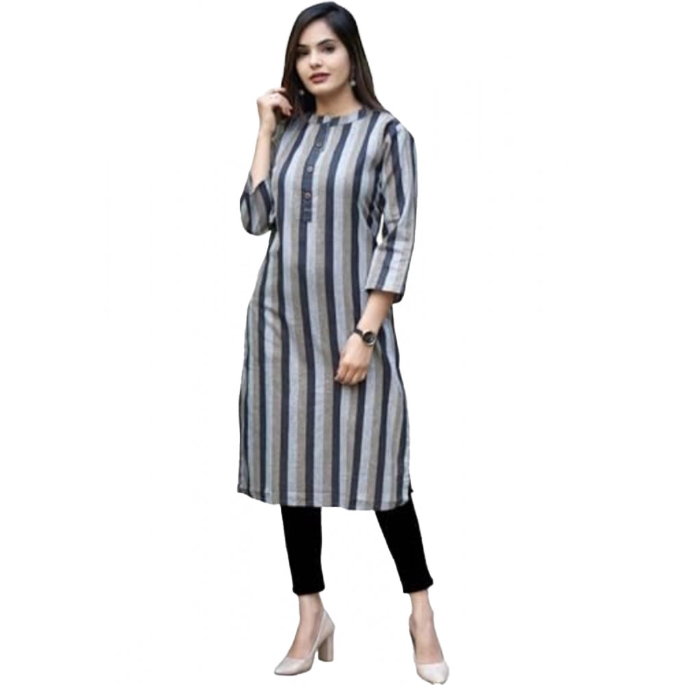 Generic Women's Casual 3/4 Sleeve Strip Rayon Kurti (Grey)