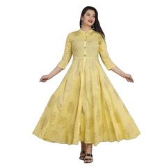 Generisches Anarkali-Kleid aus Viskose mit 3/4-Ärmeln und Blumenmuster für Damen (Gelb)