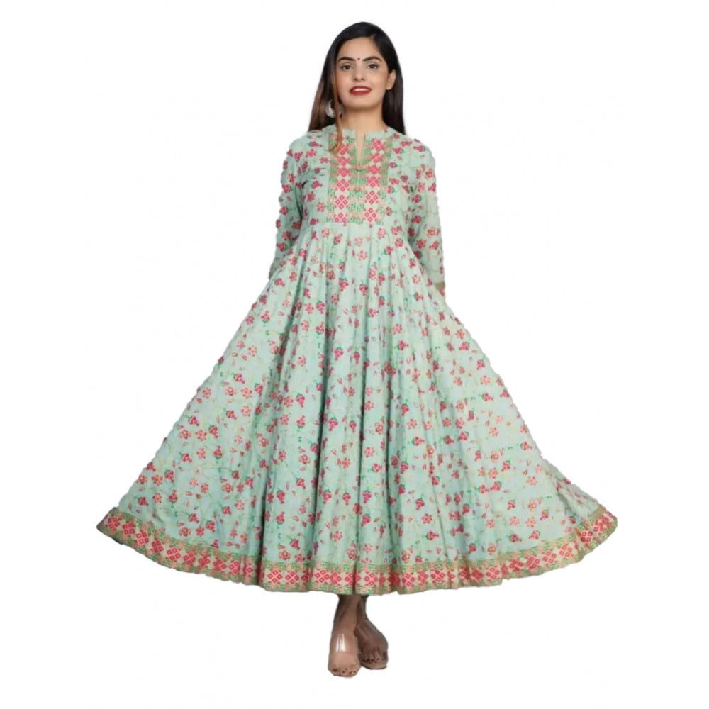 Generic Women's Casual 3/4 Sleeve Printed Rayon Anarkali Gown (Pista Green)