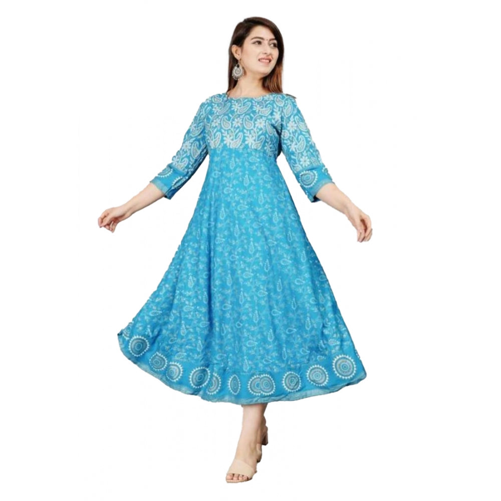 Generisches Anarkali-Kleid aus bedruckter Viskose mit 3/4-Ärmeln für Damen (blau)