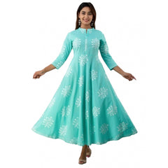 Generisches, lässiges Anarkali-Kleid aus bedruckter Viskose mit 3/4-Ärmeln für Damen (Türkisgrün)