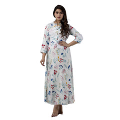 Generic Women's Casual 3/4 Sleeve Printed Rayon Anarkali Gown (White)