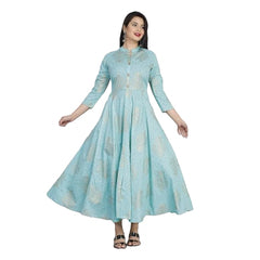 Generisches Anarkali-Kleid aus Viskose mit 3/4-Ärmeln und Blumenmuster für Damen (Aquablau)