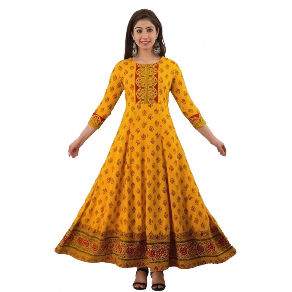 Generisches Anarkali-Kleid aus bedruckter Viskose mit 3/4-Ärmeln für Damen (Gelb)