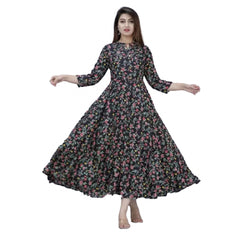 Generic Women's Casual 3/4 Sleeve Printed Rayon Anarkali Gown (Black)