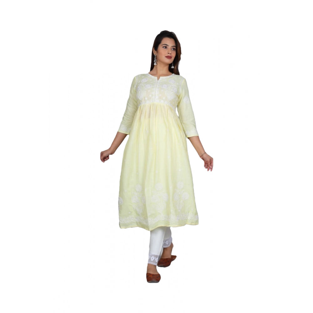 Generic Women's Casual 3/4 Sleeve Embroidered Rayon Kurti Set (Yellow)