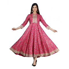 Generic Women's Casual 3/4 Sleeve Printed Rayon Anarkali Gown (Pink)