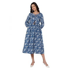 Generic Women's Casual 3/4 Sleeve Printed Poly Creap Anarkali Gown (Blue)