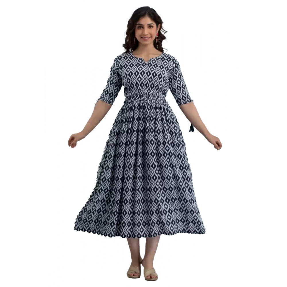 Generisches Anarkali-Kleid aus bedruckter Viskose mit 3/4-Ärmeln für Damen (blau)