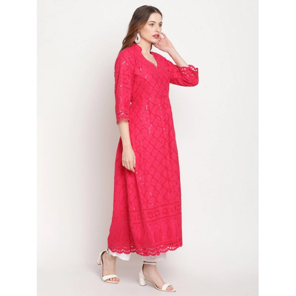 Generisches Damen-Kurti aus Baumwolle mit 3/4-Ärmeln und Stickereien (Magenta)