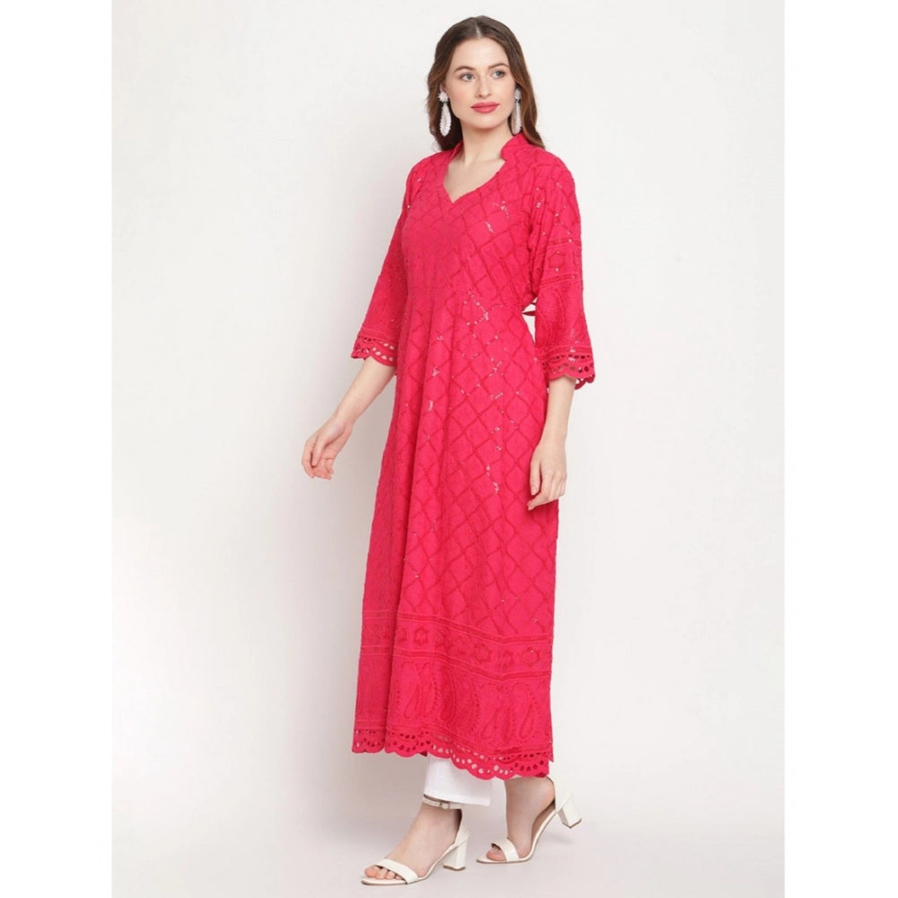 Generisches Damen-Kurti aus Baumwolle mit 3/4-Ärmeln und Stickereien (Magenta)