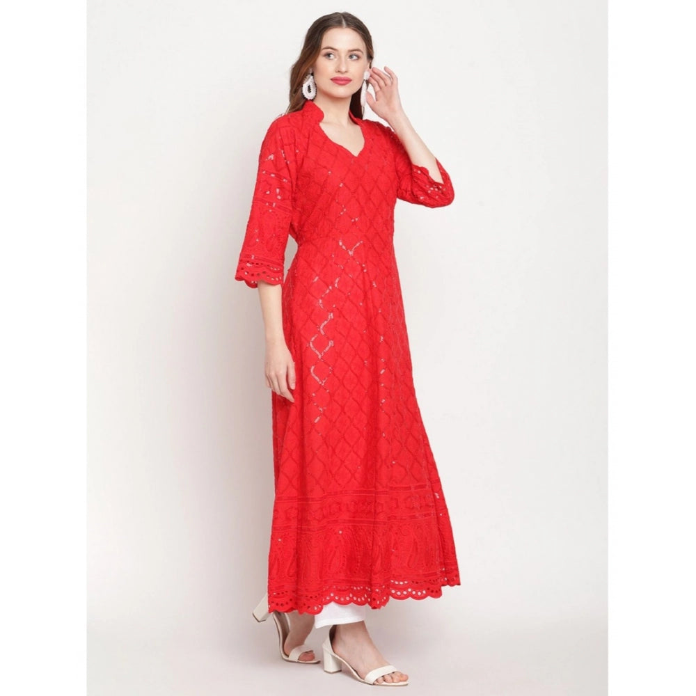 Generisches Damen-Kurti aus Baumwolle mit 3/4-Ärmeln und Stickereien (Rot)