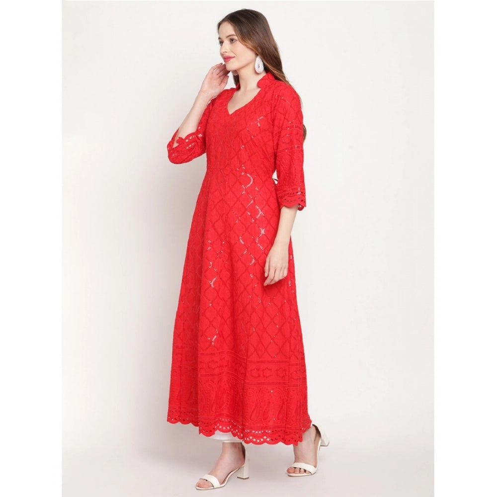 Generisches Damen-Kurti aus Baumwolle mit 3/4-Ärmeln und Stickereien (Rot)